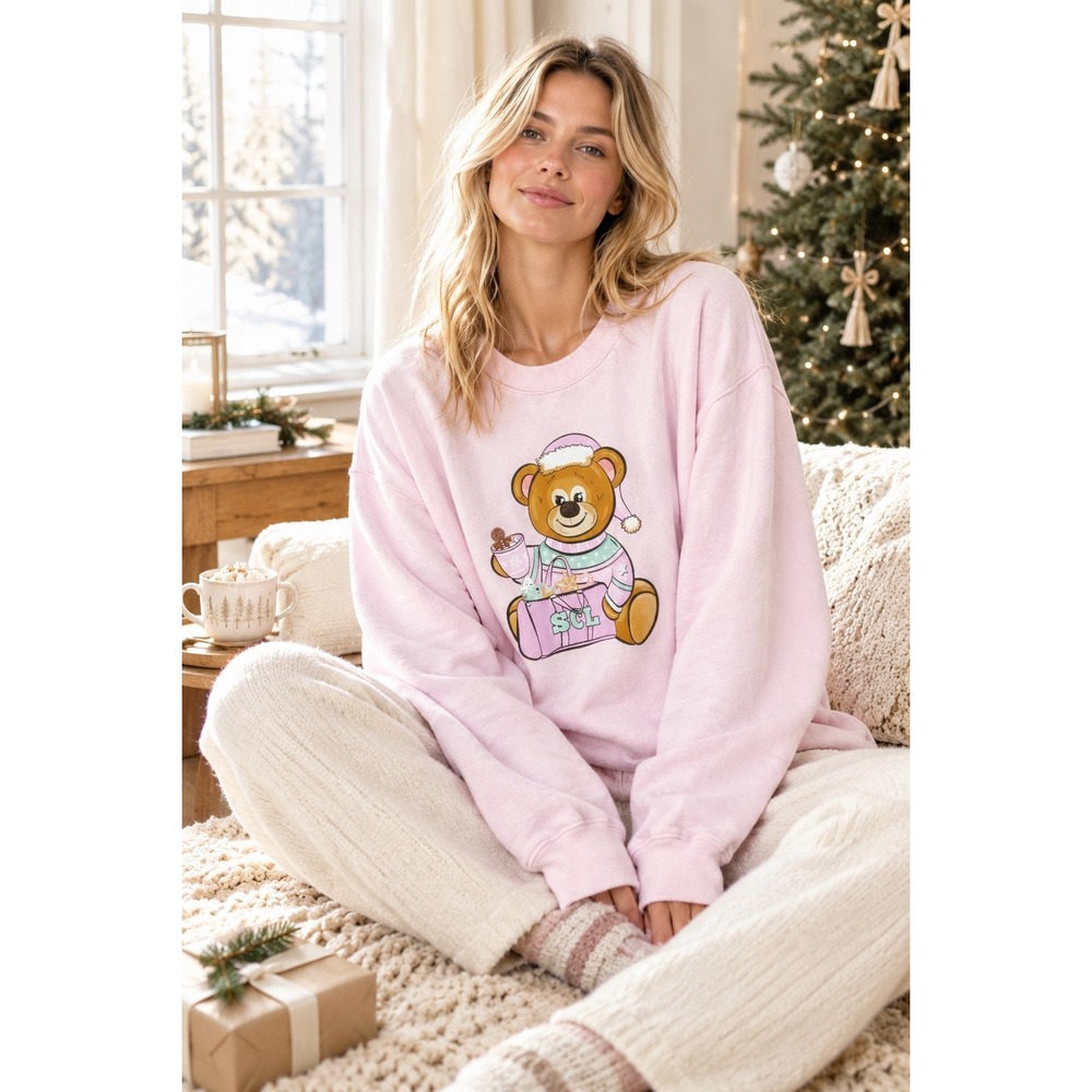 Stoney Clover Lane Pink Holiday Graphic Sweatshirt Teddy Bear Pullover Crew S/M